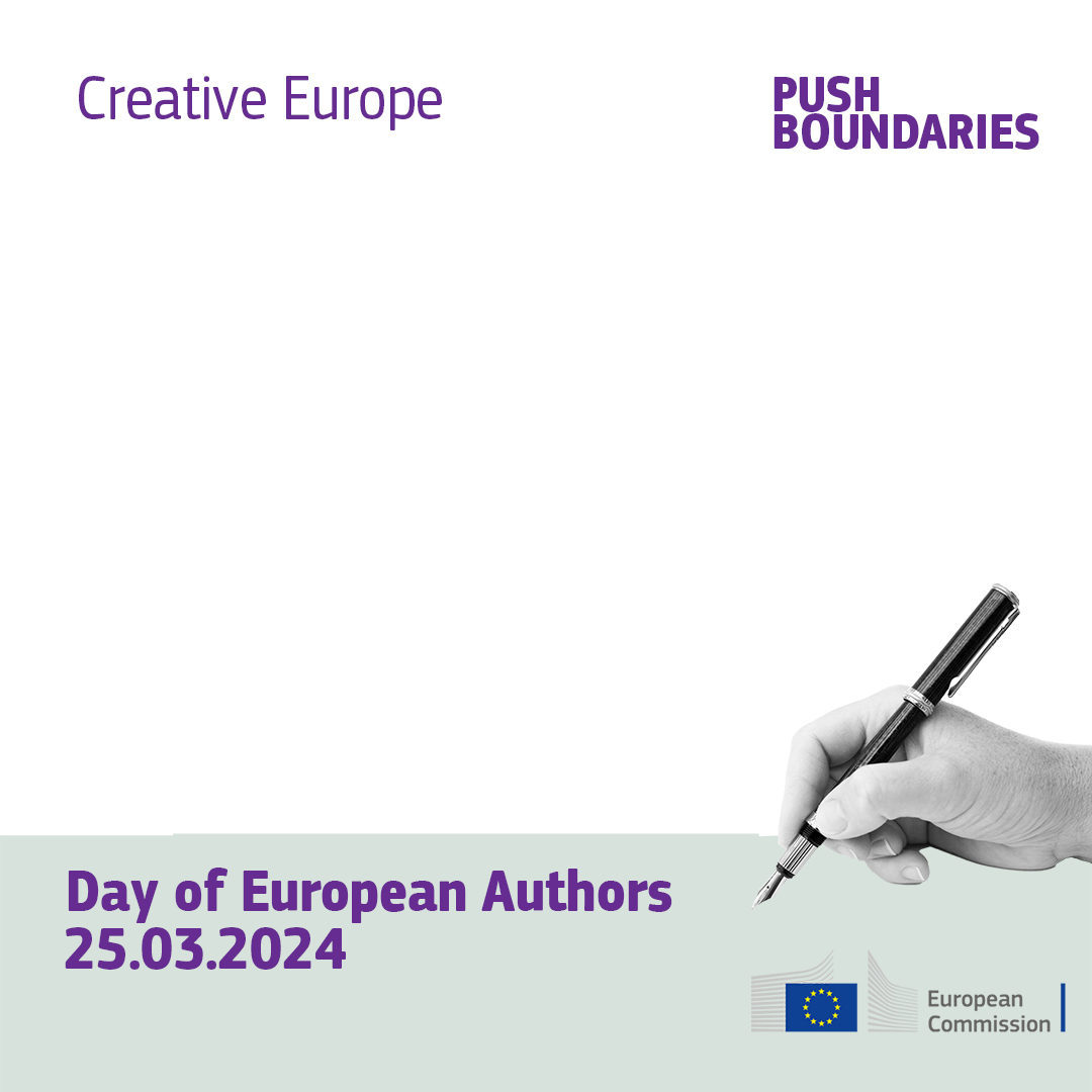 Kreatívna Európa. Deň európskych autoriek a autorov. Na obrázku je ruka v ktorej je pero.